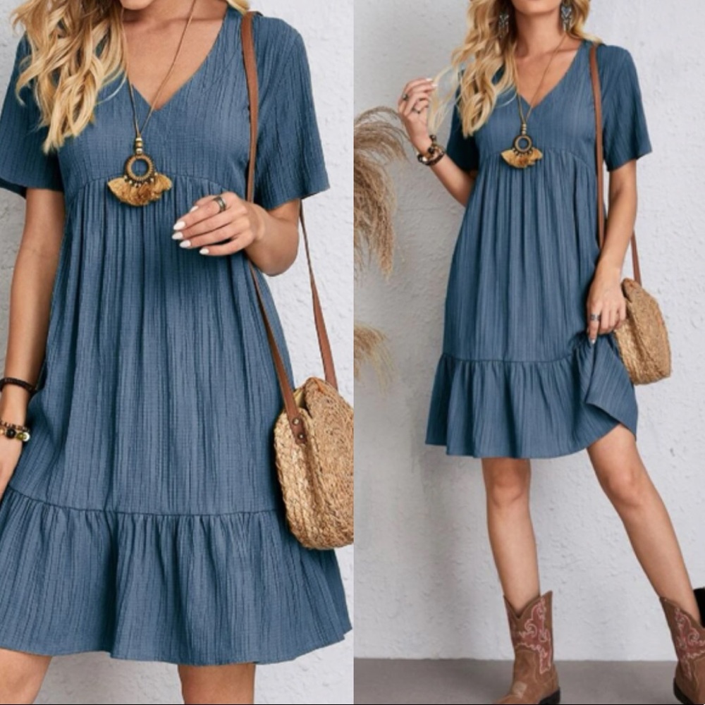 Boho V neck ruffle hem smock dress
